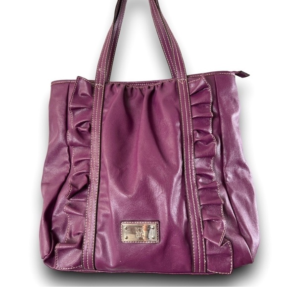New York & Company Purple Ruffled Vegan Leather Tote With Silver Accent - Picture 1 of 12